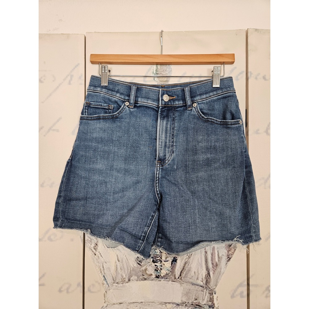 Express Womens Midi High Rise Denim Shorts‎ Medium Wash Raw Hem Size 6